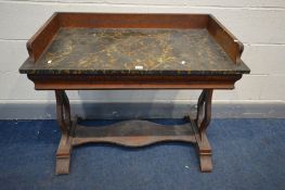 A VICTORIAN SCUMBLED PINE WASHSTAND, with a marbleized top, single frieze drawer, twin supports