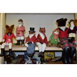 SEVEN ASSORTED ANTHROPOMORPHIC FOX FIGURES, comprising a Beatrix Potter Mr Tod soft toy, a seated