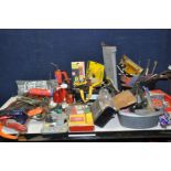 A COLLECTION OF TOOLS INCLUDING STILSONS, adjustable spanners, plumbers blowtorches, saws, wheel