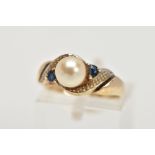 A 9CT GOLD CULTURED PEARL AND SAPPHIRE DRESS RING, set with a single cultured pearl, cross over