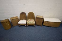 A COLLECTION OF LLYOD LOOM AND SIMILAR GOLD WICKER BEDROOM FURNITURE, to include two bedroom chairs,