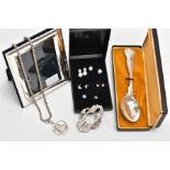 A BOX OF SILVER AND WHITE METAL ITEMS, to include a boxed single kings pattern teaspoon,