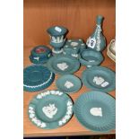 NINE PIECES WEDGWOOD TEAL JASPERWARES, comprising bud vase, height 13.5cm, urn shaped vase, height