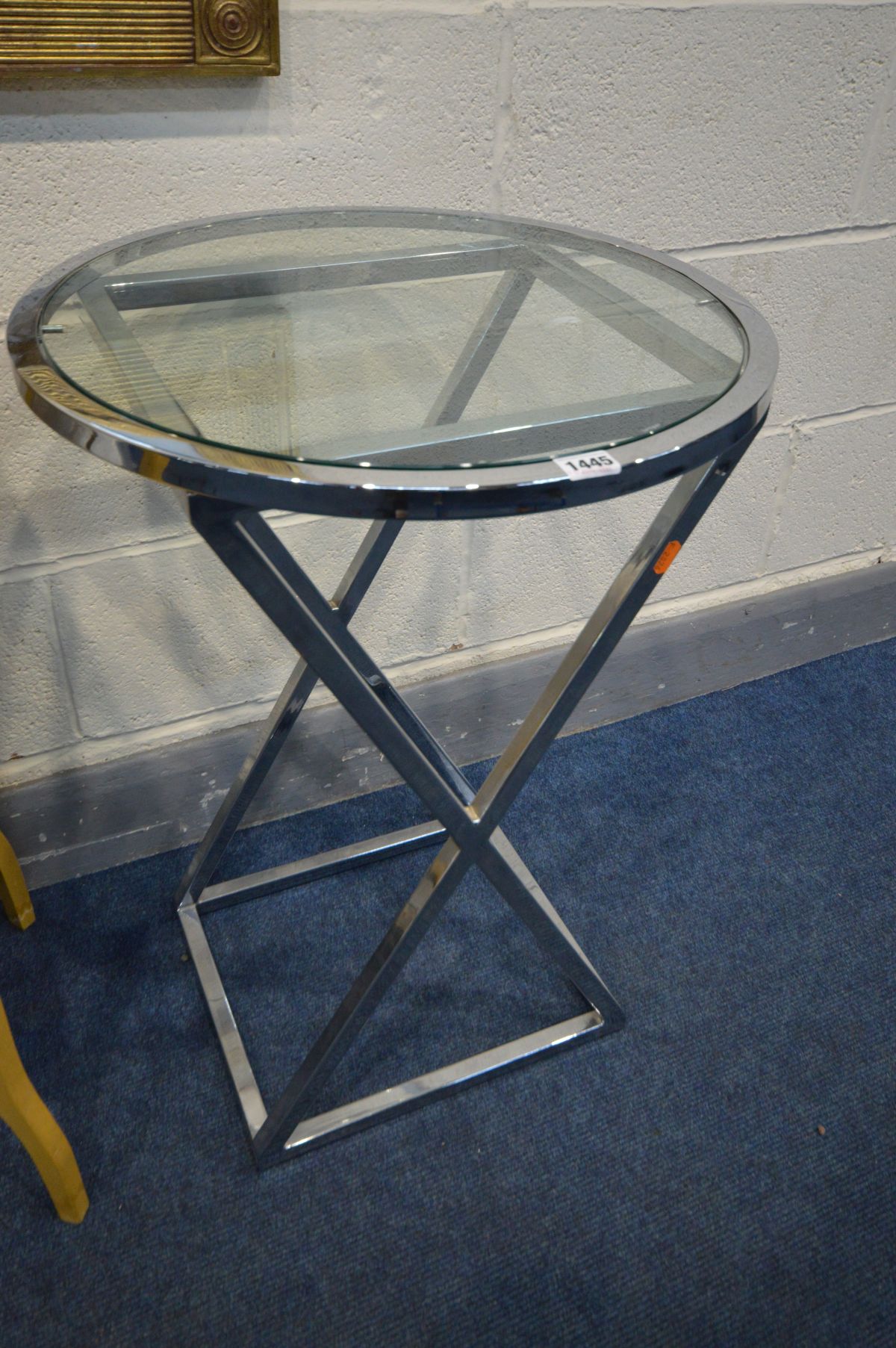 A MODERN CIRCULAR CHROME FRAMED OCCASSIONAL TABLE, diameter 50cm x height 70cm, a yellow painted - Image 2 of 2