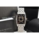 A GENTS EMPORIO ARMANI WRISTWATCH, rounded rectangular black dial, Emporio Armani emblem at the