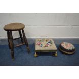 AN 18TH CENTURY ELM STOOL, and two other footstools