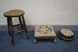 AN 18TH CENTURY ELM STOOL, and two other footstools