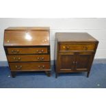 AN EDWARDIAN MAHOGANY AND INLAID BUREAU with three drawers, width 75cm x depth 40cm x height 92cm (