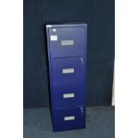 A MODERN METAL FOUR DRAWER FILING CABINET with two keys for each of the two locking drawers,