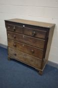 A GEORGIAN OAK CHEST OF TWO OVER THREE LONG DRAWERS, turned handles, on bracket feet, width 112cm