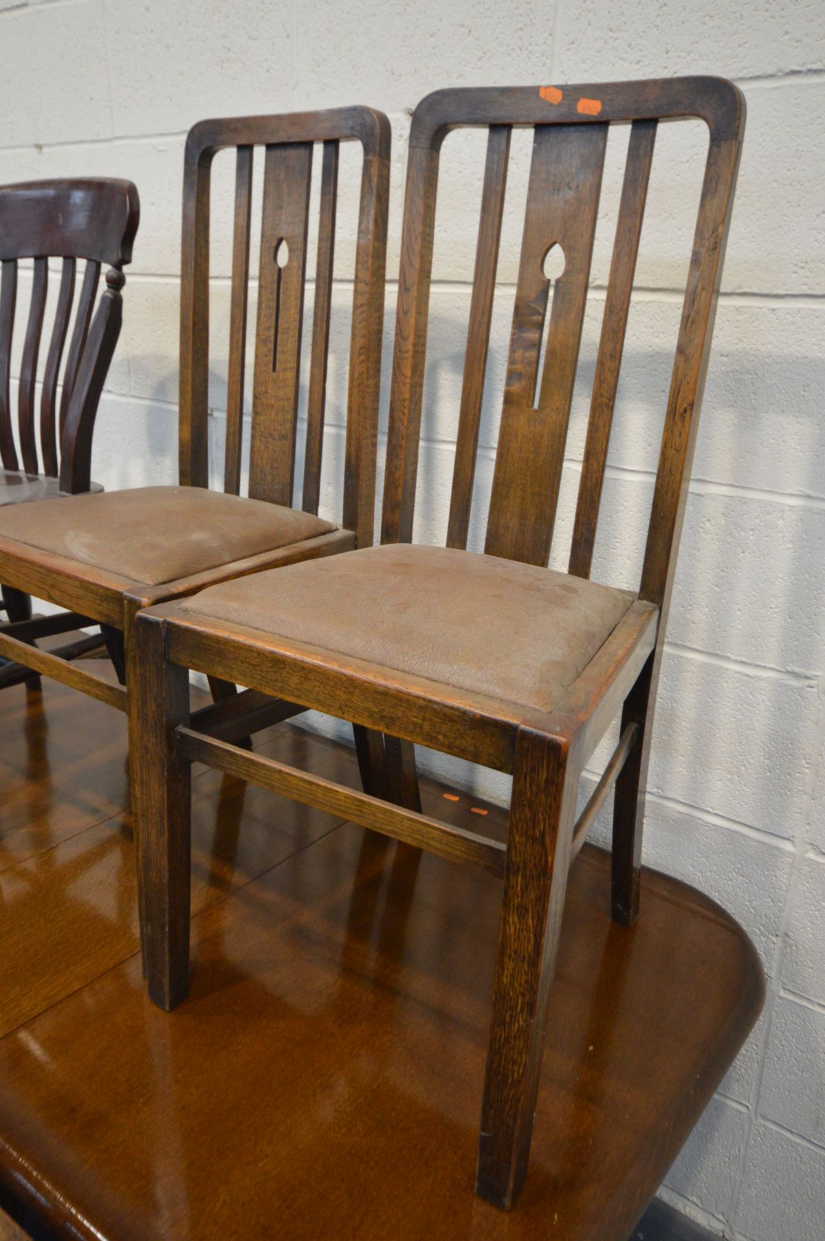 THREE VARIOUS OAK TABLES, and a set of four Arts and Crafts oak chairs, and five other chairs (12) - Image 3 of 4