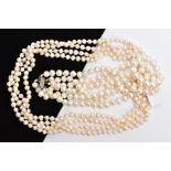 TWO CULTURED FRESH WATER PEARL NECKLACES, to include a three-strand necklace fitted with a white