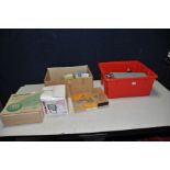 TWO TRAYS CONTAINING HANDTOOLS AND HARDWARE including a box of barbed wire, a halogen lamp, an