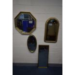 FOUR VARIOUS 20TH CENTURY GILT ON PLASTER/WOOD WALL MIRRORS, to include an octagonal mirror, and