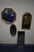 FOUR VARIOUS 20TH CENTURY GILT ON PLASTER/WOOD WALL MIRRORS, to include an octagonal mirror, and