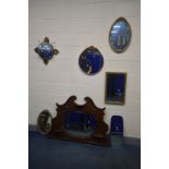 A COLLECTION OF WALL MIRRORS to include a Victorian style mahogany mantle mirror with a swan neck