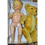 A DEANS CHILDSPLAY GOLDEN PLUSH TEDDY BEAR, plastic eyes, stitched nose and felt pads, plush worn in