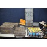 TWO METAL AND ONE WOODEN AMMO BOXES along with nine metal workshop trays and various plastic