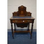 AN EDWARDIAN ROSEWOOD, MARQUETRY INLAID AND STRUNG WORK TABLE, the raised back with two drawer