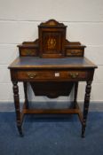 AN EDWARDIAN ROSEWOOD, MARQUETRY INLAID AND STRUNG WORK TABLE, the raised back with two drawer