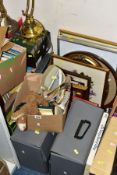 A QUANTITY OF BOOKS, LPS, TABLE LAMPS, PICTURES, COSTUME JEWELLERY, etc, including Blue Peter