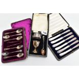 A SET OF SILVER CUTLERY, A SILVER CHRISTENING GIFT SET AND A CASED SET OF BUTTER KNIVES, to