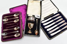 A SET OF SILVER CUTLERY, A SILVER CHRISTENING GIFT SET AND A CASED SET OF BUTTER KNIVES, to