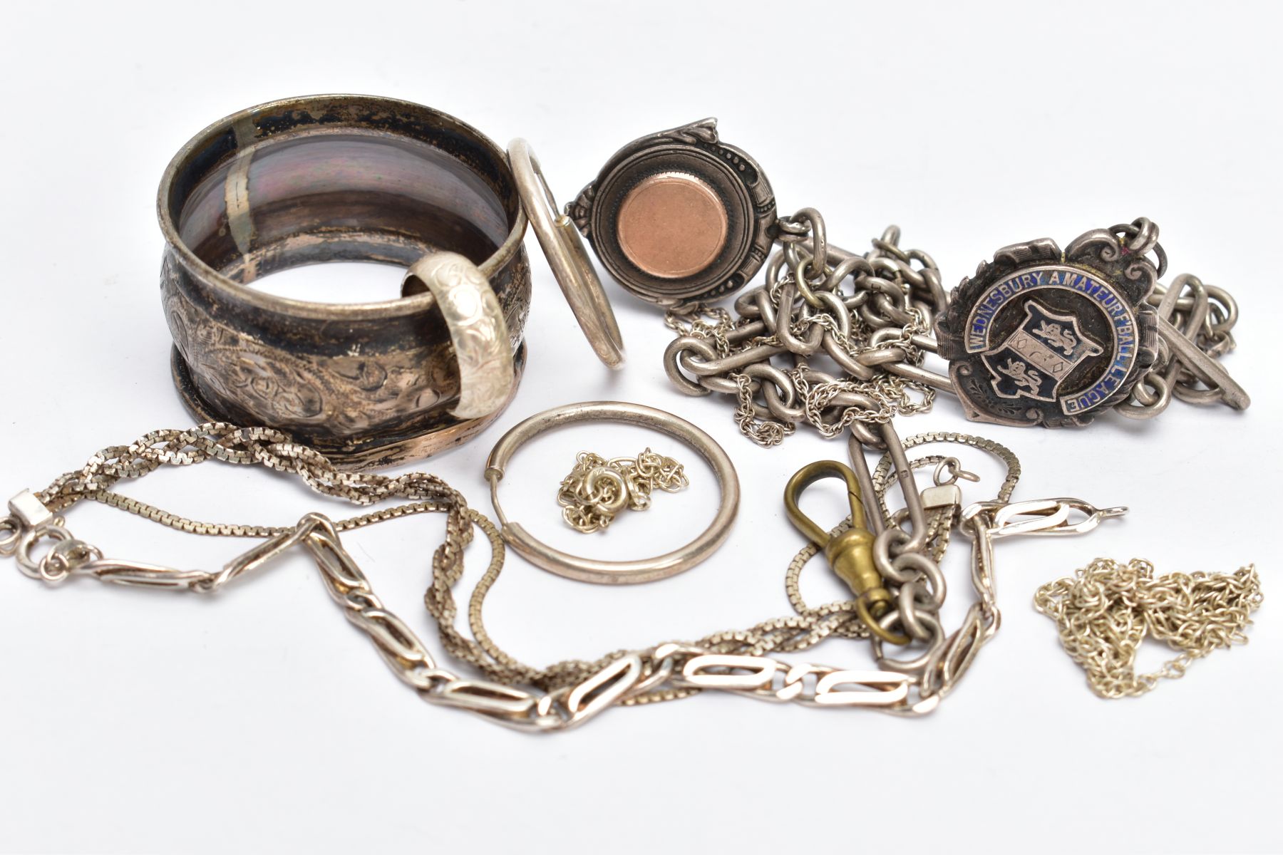 A SILVER ALBERT CHAIN WITH FOBS, A SILVER NAPKIN RING AND WHITE METAL JEWELLERY, fetter Albert chain