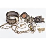 A SILVER ALBERT CHAIN WITH FOBS, A SILVER NAPKIN RING AND WHITE METAL JEWELLERY, fetter Albert chain