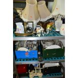 FIVE BOXES AND LOOSE CERAMICS, TABLE LAMPS, SCALES, TWO METAL CASH BOXES, etc, including a late 19th