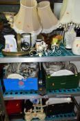 FIVE BOXES AND LOOSE CERAMICS, TABLE LAMPS, SCALES, TWO METAL CASH BOXES, etc, including a late 19th