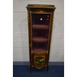 A REPRODUCTION LOUIS XVI MAHOGNAY BOWFRONT CORNER CUPBOARD, with brass mounts, width 53cm x depth