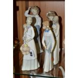 SIX SPANISH PORCELAIN FIGURES INCLUDING TWO NAO FIGURES OF CHILDREN IN NIGHTDRESSES, one holding a