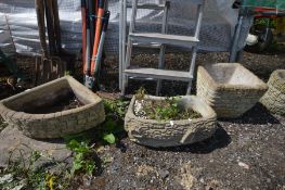 THREE VARIOUS COMPOSITE BRICK EFFECT GARDEN PLANTERS of various shapes