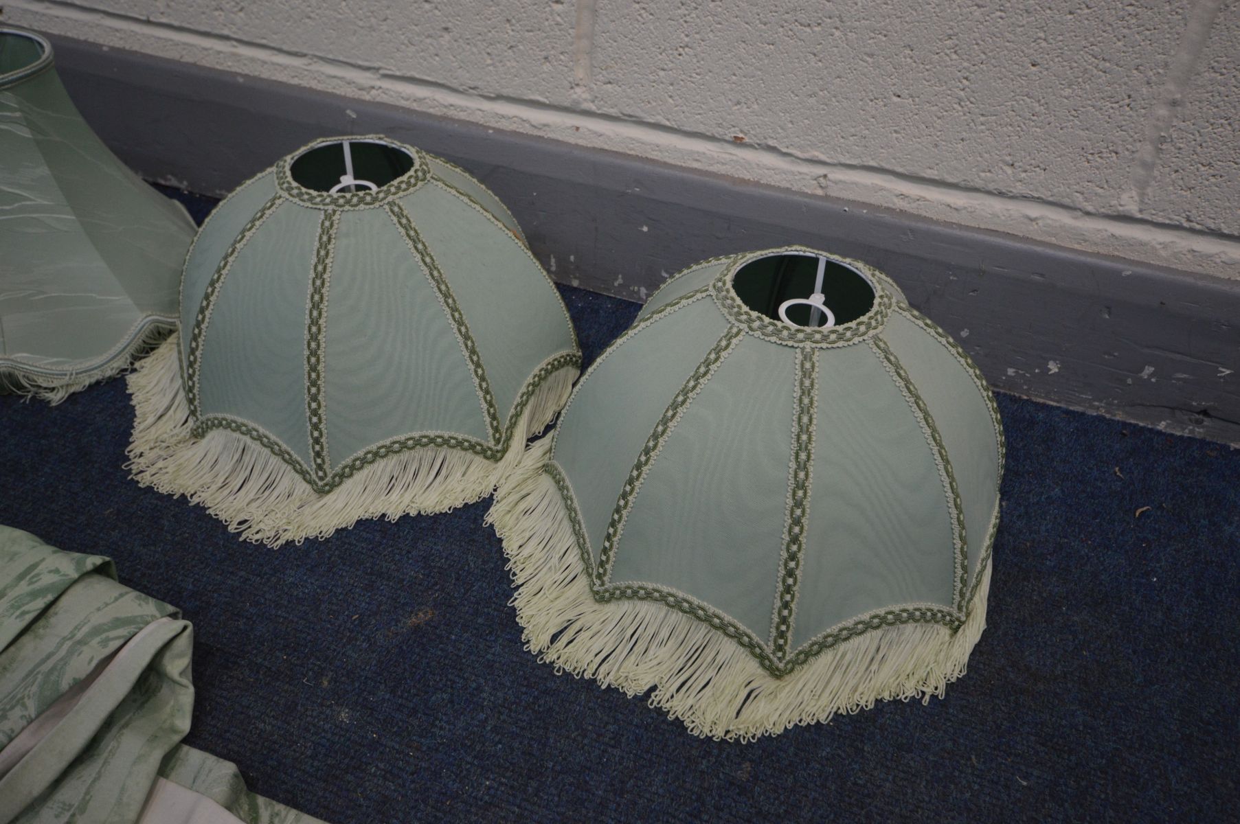 A PAIR OF GREEN DOMED TABLE LAMP SHADES, two other green shades, and a pair of green curtains (5) - Image 2 of 2