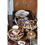 A SMALL GROUP OF ROYAL CROWN DERBY, comprising three Imari pattern items, all with restoration or