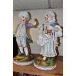 A PAIR OF LATE 19TH CENTURY CONTINENTAL BISQUE PORCELAIN FIGURES OF A BOY AND GIRL IN 18TH CENTURY