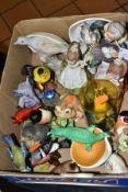 A BOX OF BIRD, ANIMAL AND FIGURAL ORNAMENTS, etc, including three Beswick garden birds (bullfinch