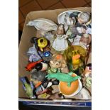 A BOX OF BIRD, ANIMAL AND FIGURAL ORNAMENTS, etc, including three Beswick garden birds (bullfinch