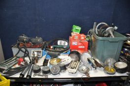 A QUANTITY OF VINTAGE VEHICLE HEADLAMPS, TAILLIGHTS, air and oil filters, timing belt, motorbike