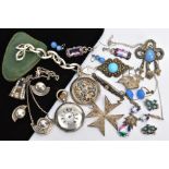 A SELECTION OF WHITE METAL JEWELLERY AND A POCKET WATCH, to include a pair of white metal ball