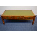 A REPRODUCTION YEW WOOD AND BRASS BOUND CAMPAIGN STYLE RECTANGULAR COFFEE TABLE, green leather