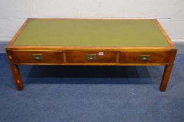 A REPRODUCTION YEW WOOD AND BRASS BOUND CAMPAIGN STYLE RECTANGULAR COFFEE TABLE, green leather