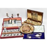 A BOX OF ASSORTED WHITE METAL WARE, to include a boxed three piece 'Walker & Hall' serving set