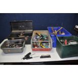 FIVE TRAYS CONTAINING HAND TOOLS including a Rabone and Chesterman machine level, hammers, levels,