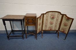 A GEORGIAN MAHOGANY FOLDING FIRESCREEN, along with a Georgian pot cupboard and an oak barley twist