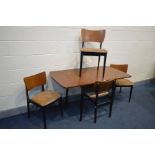 A MID 20TH CENTURY AFROMOSIA TEAK DRAW LEAF TABLE, on an ebonised base, extended length 143cm x