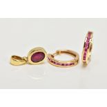 A PAIR OF YELLOW METAL RUBY HOOP EARRINGS AND A YELLOW METAL RUBY PENDANT, the pair of huggie