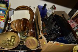 TWO BOXES OF METALWARES, TREEN, SUNDRIES, CD'S, ETC, including cast iron scales and brass pans and