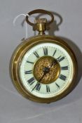 A BRASS CASED DESK CLOCK CIRCA EARLY 20TH CENTURY, in the style of a Goliath pocket watch, the